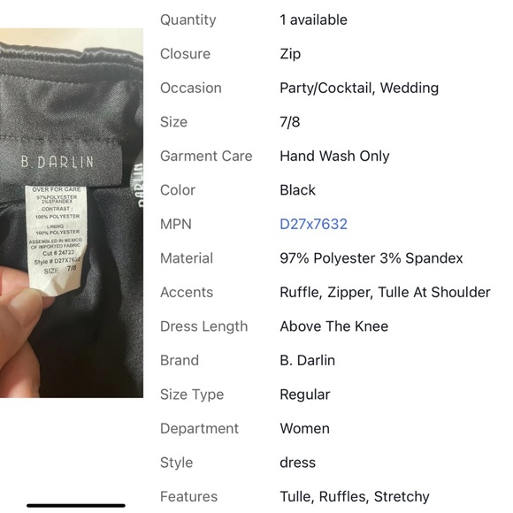 Preowned B. Darlin One Shoulder Party Dress W Stretch Size 7/8 (fits Like a 6) - Picture 3 of 4